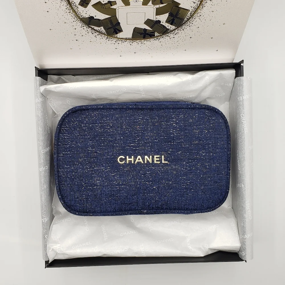 Authentic Chanel Cosmetic Bag Blue Gold Gift Box